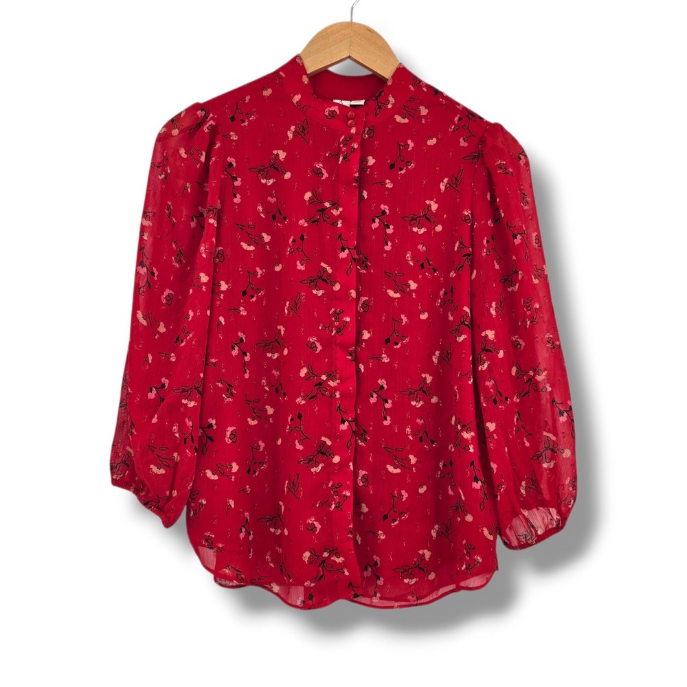 Joie Red Floral Mock Neck Button Down Blouse Metallic Accents Size XS